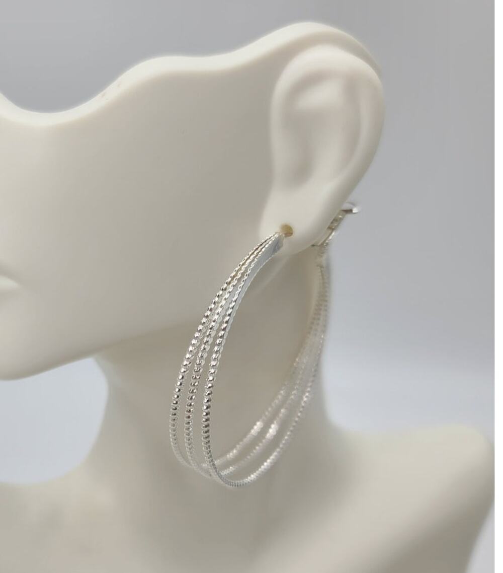 Silver-Tone Large Diamond Cut Texture Triple Hoop Pierced Earrings QVC 2x2 NWOT